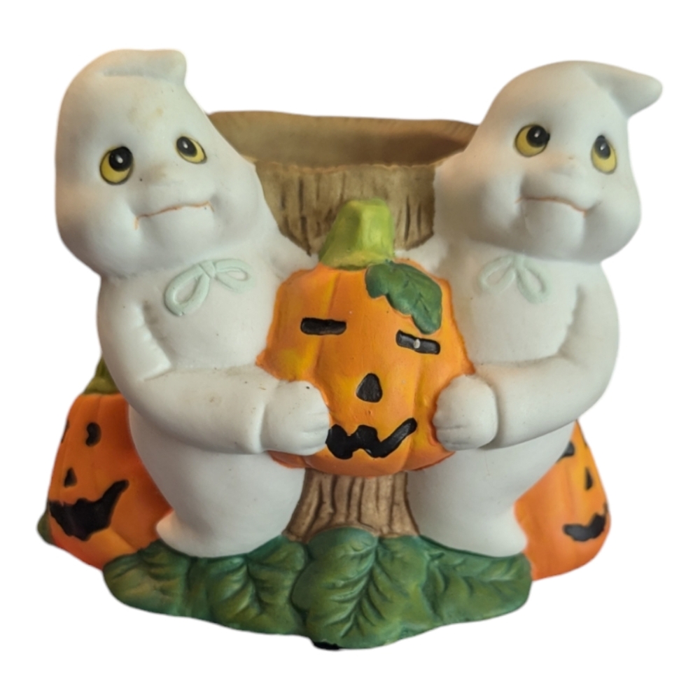 VTG Chalkware* Ghosts Jack-O'-Lantern Halloween Candle Holder Planter Organizer